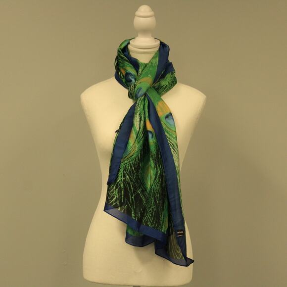 100% Silk Scarf Peacock Feathers Blue Green Beautiful 70x36 - Picture 3 of 9